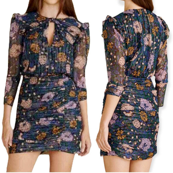 Veronica Beard Women's Peppa Floral Metallic Silk Ruched Mini Dress Size10 NWOT - Picture 1 of 7
